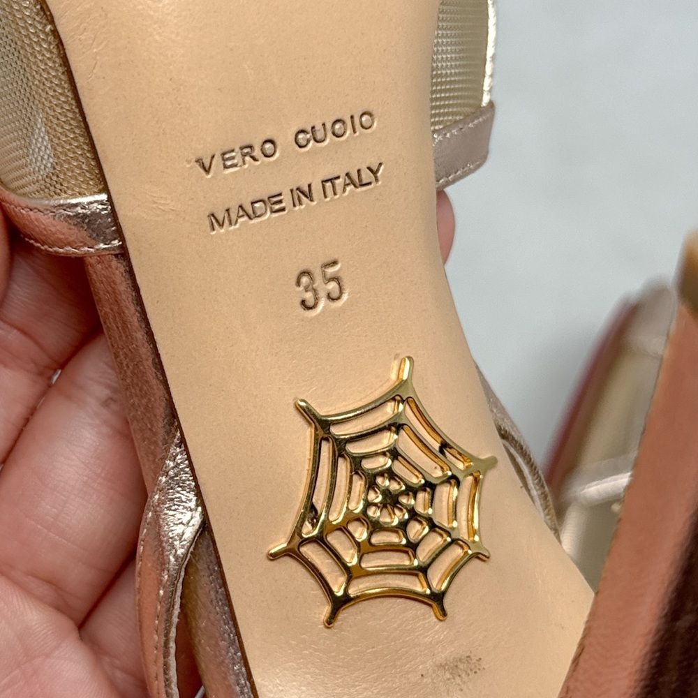 NEW Charlotte Olympia Octavia Spider Web Rose Gold Leather Strappy Sandal Heels - Picture 11 of 16